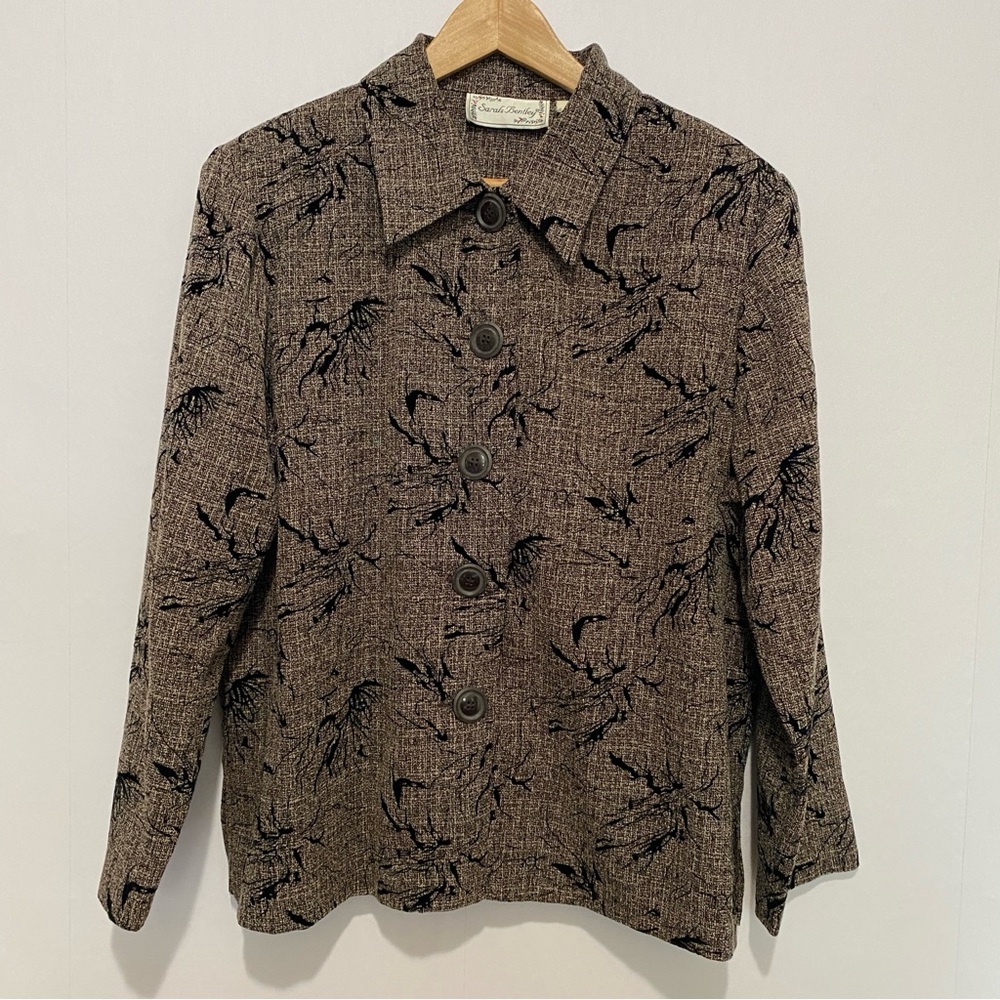 Sarah Bentley XL Women’s Brown Black Textured Floral Button Jacket Blazer Retro